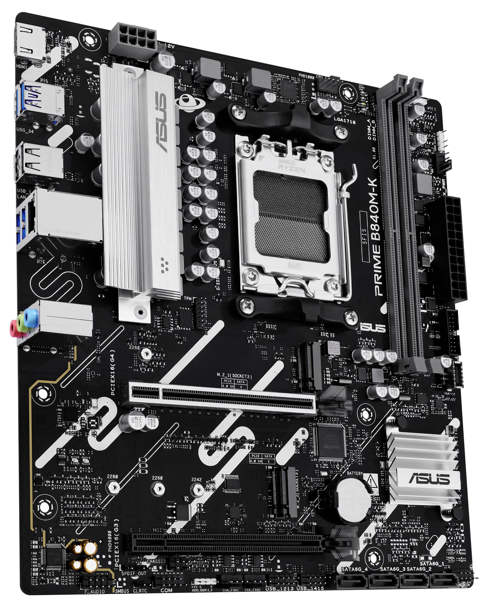En datormorsboard med olika portar, spår för RAM och ett CPU-uttag, utformad för anslutning och prestandaförbättring.