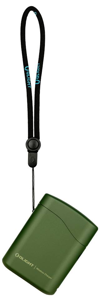 En grön bärbar tändare med ett svart handledsband, med "Olight"-logotyp.