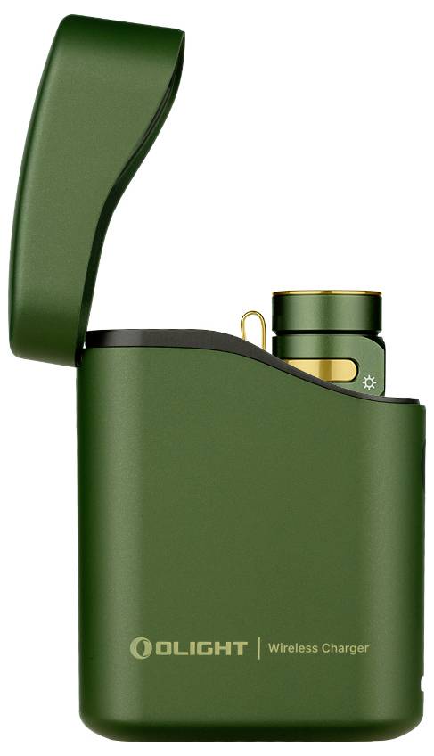En grön trådlös Olight-laddare med öppet lock, som visar en intern cylindrisk komponent. Märkets logo och namn är synliga på framsidan.
