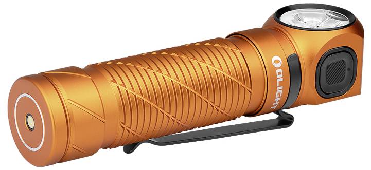 Orange taktisk ficklampa med strukturerad grepp, kompakt design och sidokontakt. Förses med clips för enkel fastsättning.