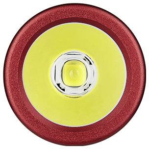 Röd och gul cirkulär LED-lampa, betraktad från ovan, visar en central glödlampsdesign.