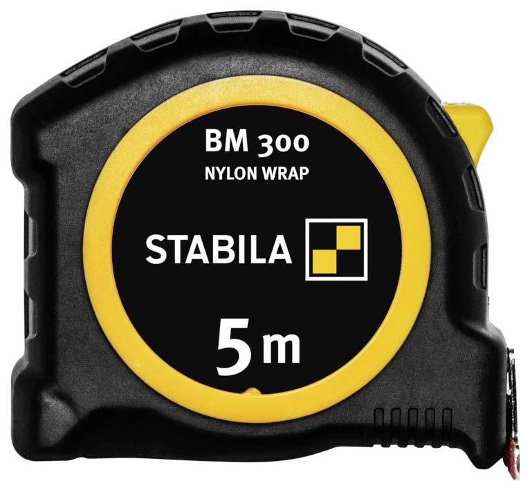 En svart och gul Stabila måttband märkt "BM 300 Nylon Wrap" med en längdindikator på 5 meter.