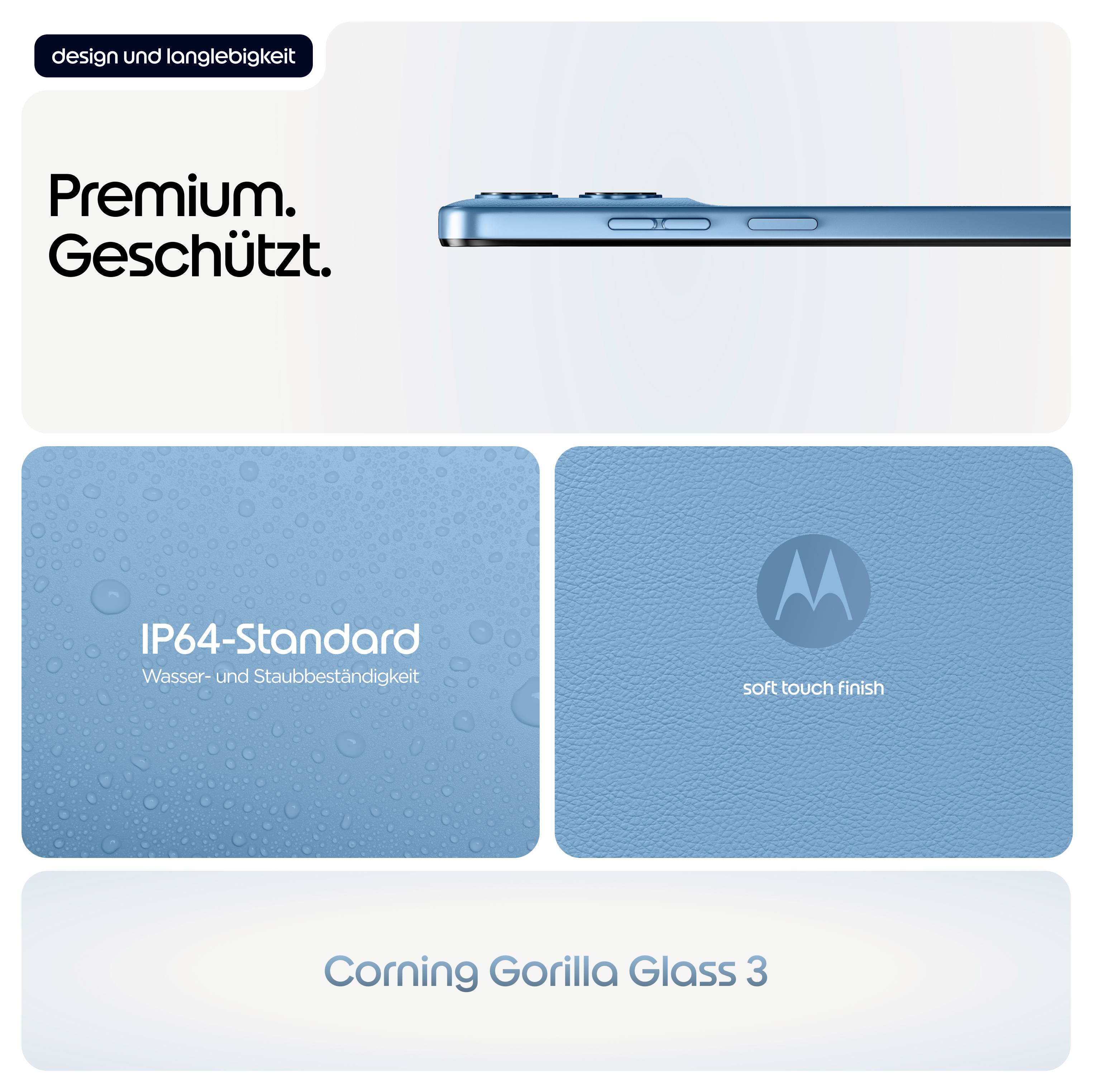 Bilden visar detaljer om en smartphone: 'Premium. Skyddad', 'IP64-standard, vatten- och dammsäkerhet', 'soft touch finish', 'Corning Gorilla Glass 3'.