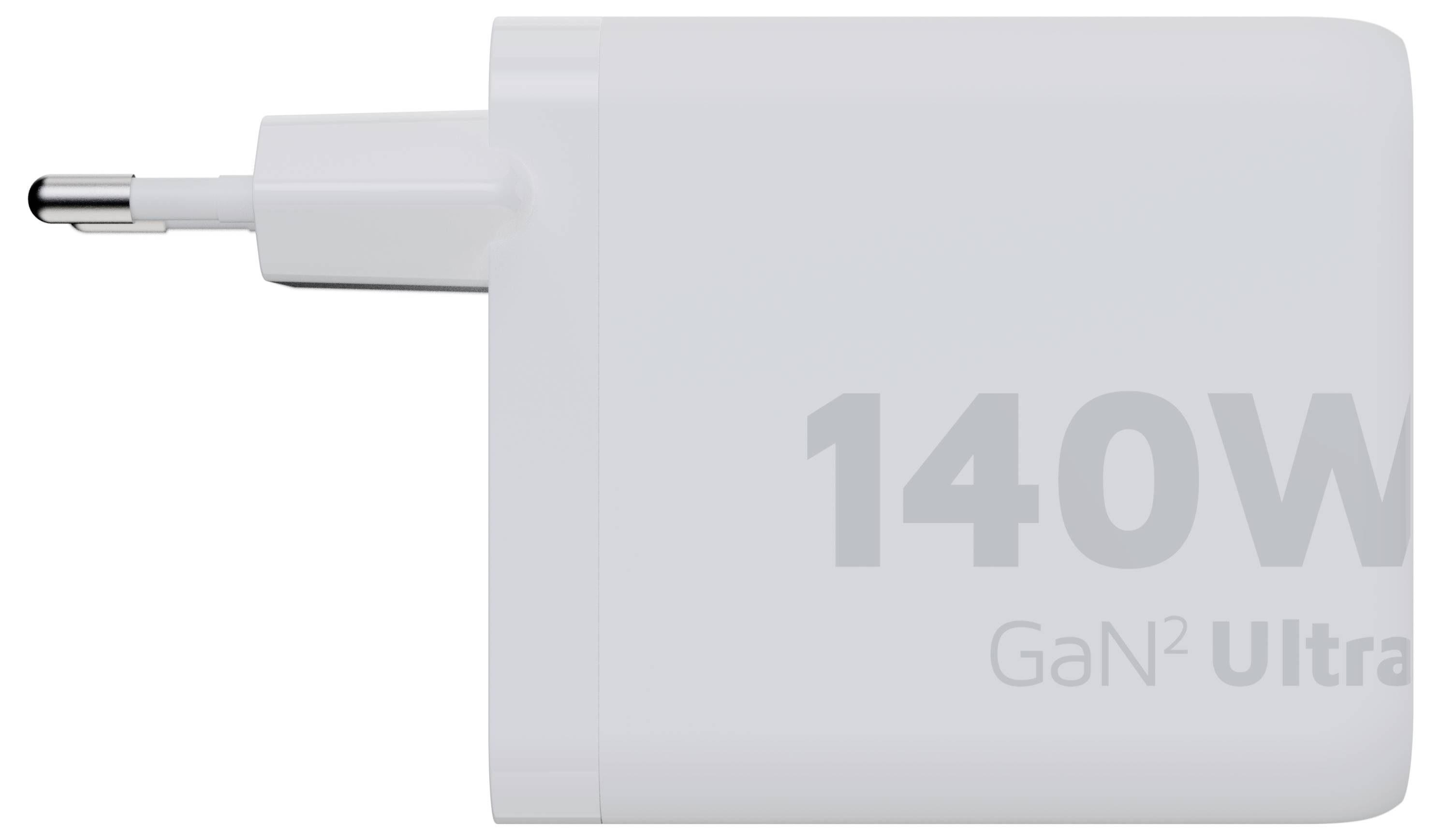 Vit 140W strömadapter med kontakt på vänster sida och texten "GaN² Ultra", vilket indikerar en högkapacitets- och effektiv laddare.