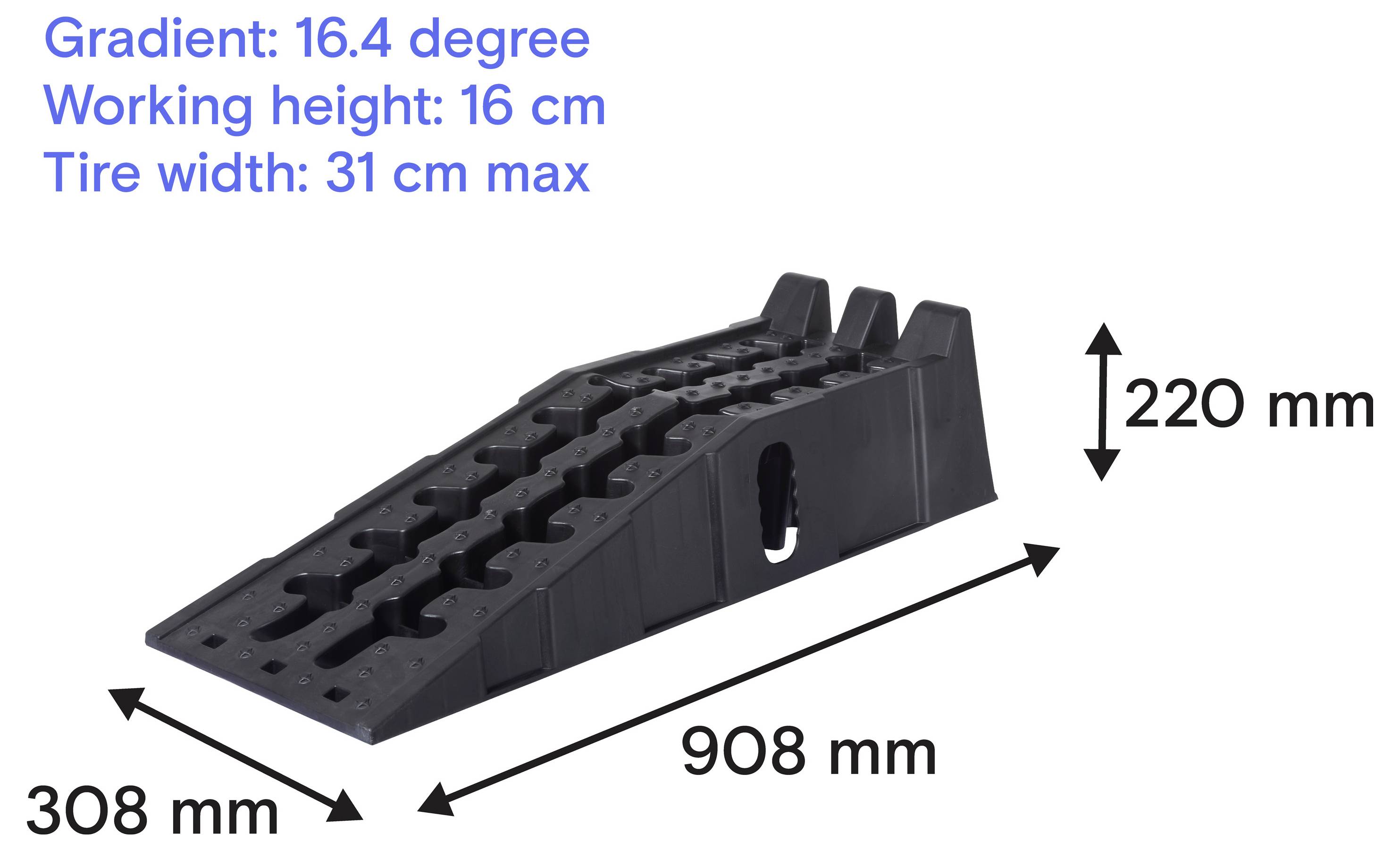 Svart gummifordon-ramp visad i sidovy med märkta dimensioner på 908 mm lång, 308 mm bred, 220 mm hög; anteckningar: lutning 16,4 grader, arbetshöjd 16 cm, däckbredd 31 cm max.