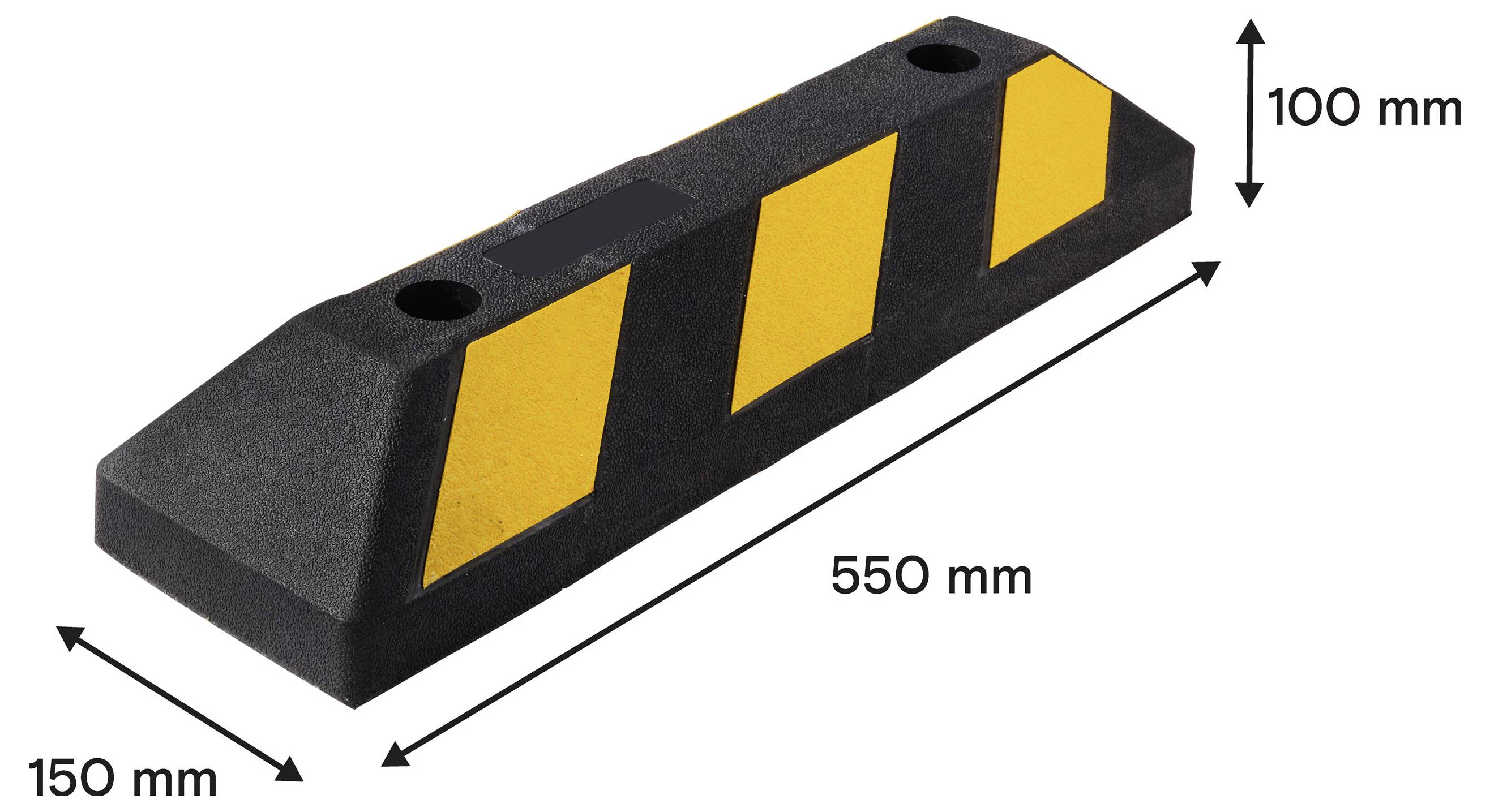 Svart och gul hjulstoppsbom visad i perspektiv med dimensioner märkta 550 mm lång, 150 mm bred och 100 mm hög.