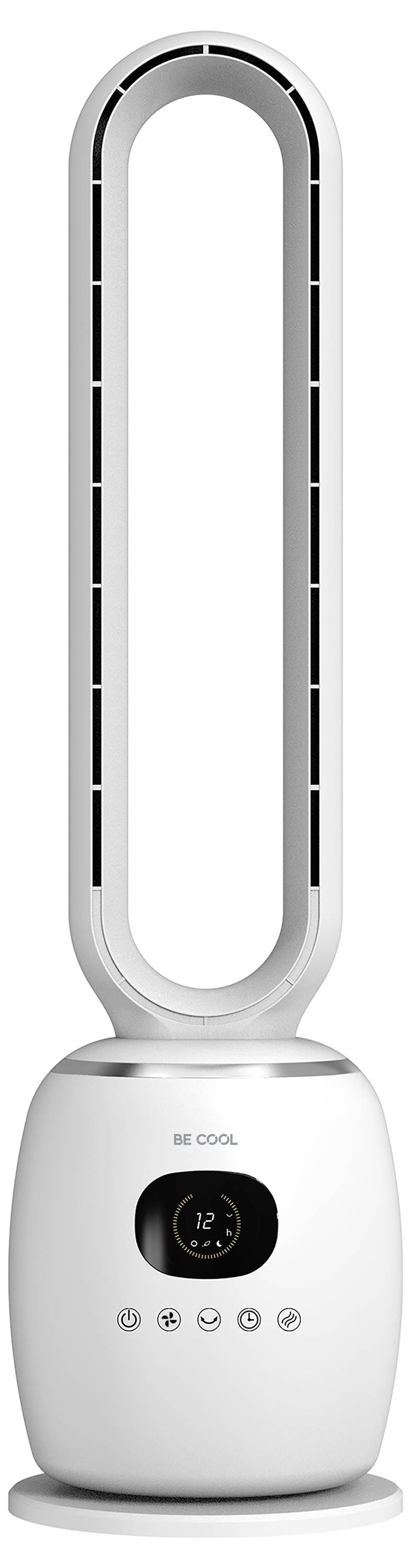 En snygg, modern bladlös fläkt i vitt med en oval design, digital display och kontrollknappar på basen.