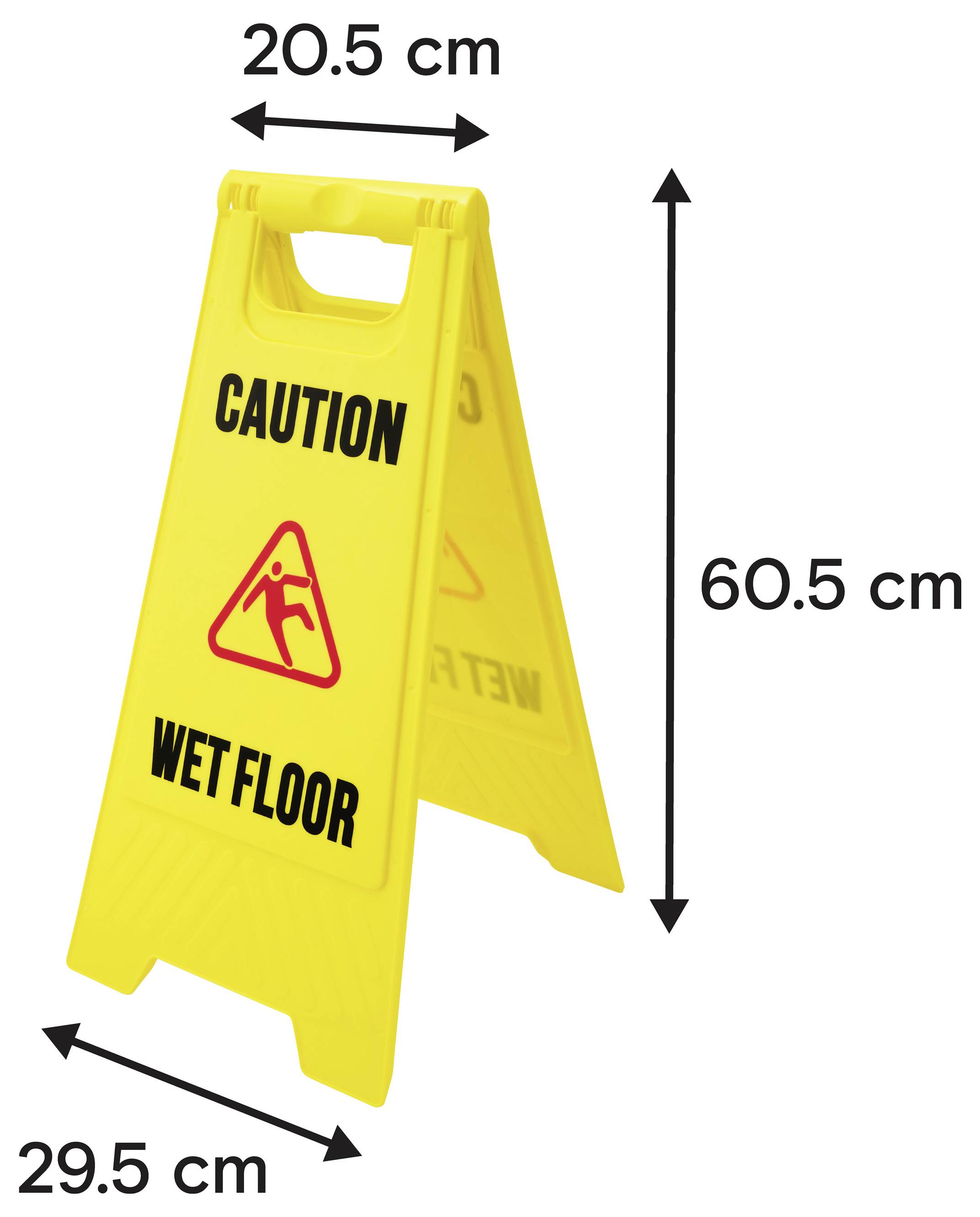 Gul vikbar varningsskylt för våt golv med handtag, märkt "VARNING" och "VÅTT GOLV", visad med dimensioner 60,5 cm högt, 20,5 cm brett, 29,5 cm djupt.