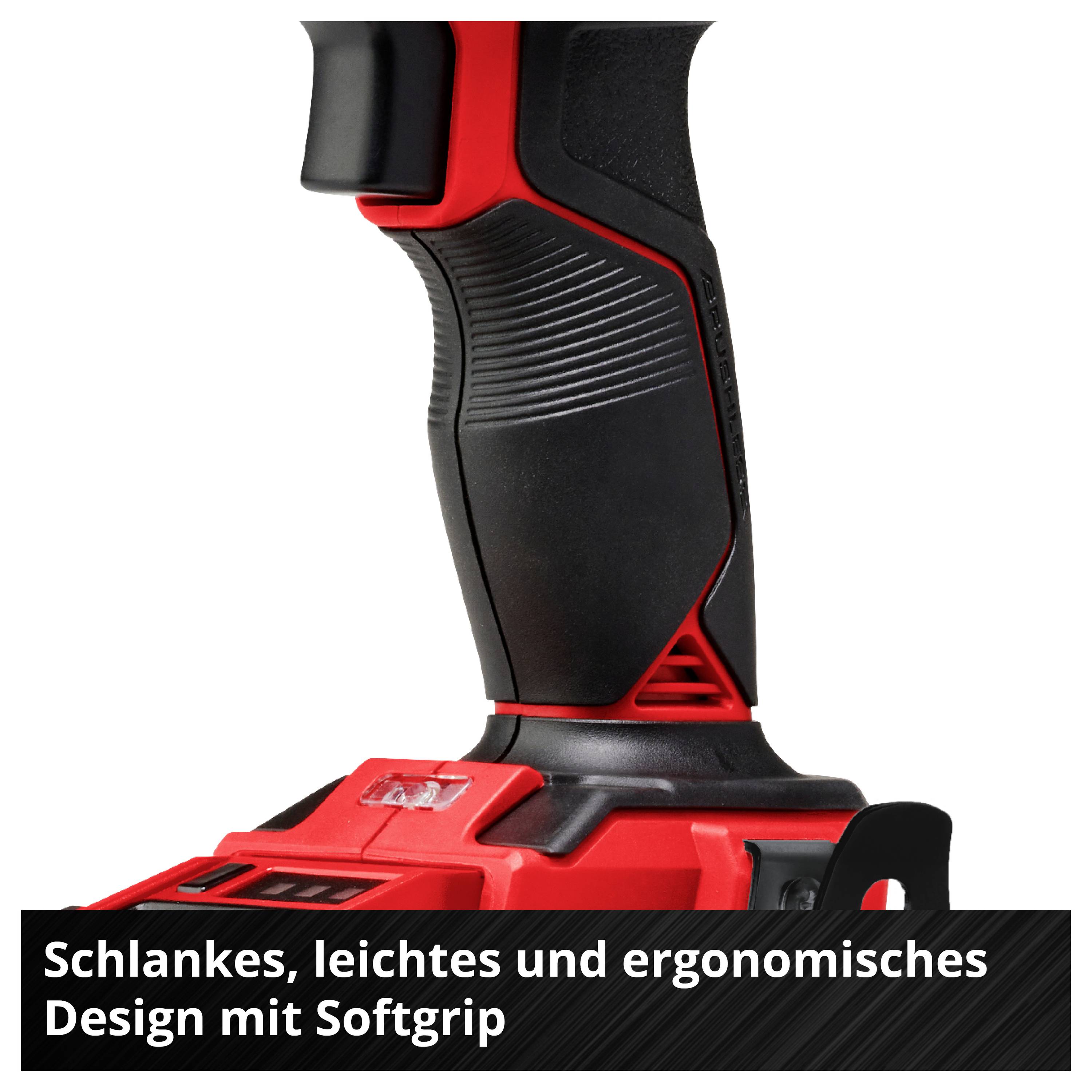 Borrstål med slank, lätt och ergonomisk design; röd hölje, svart mjuk grepp; Text: 'Slank, lätt och ergonomisk design med mjuk grip'.