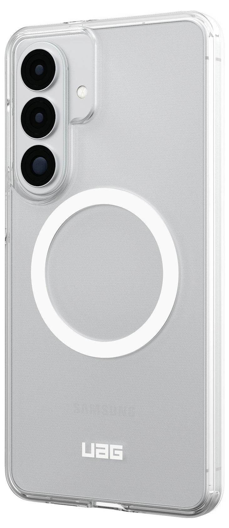 Genomskinligt smartphonecase med synlig kameraöppning och cirkulär design på baksidan, märkt med "UAG". Utformat för skydd.
