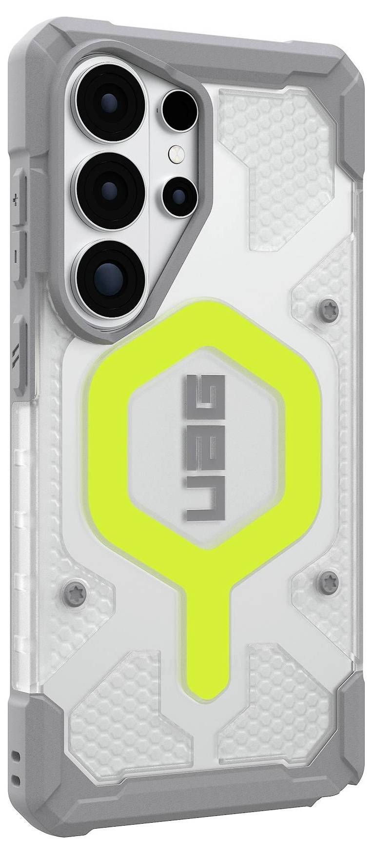 Ett robust, genomskinligt smartphonecover med neongulaaccent och "UAG"-märkning, med förstärkta hörn och bikakstruktur.
