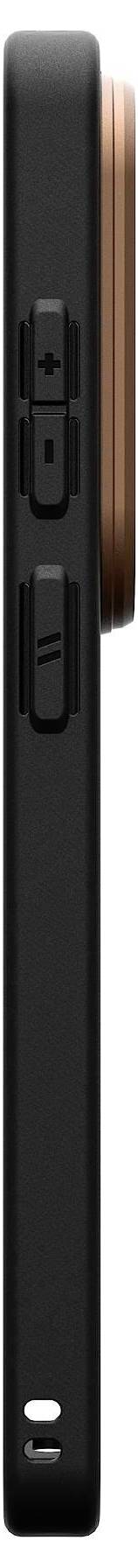 En smal svart smarttelefon sedd från sidan, som visar volymknappar och en framträdande upphöjd kameramodul.
