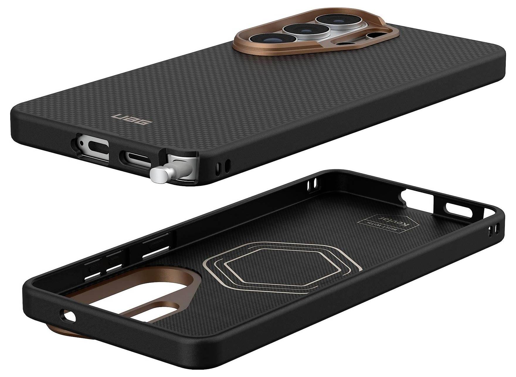 Ett robust smartphonefall i grått med en guldring hållare/ställning, med en strukturerad baksida och förstärkta hörn, utformat för skydd.