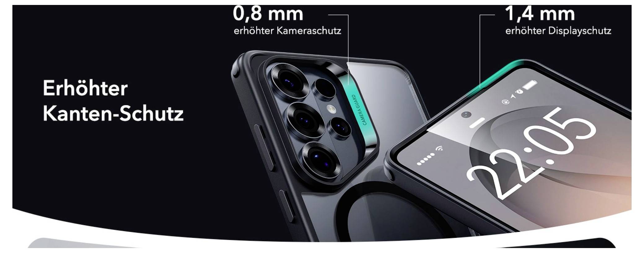 Förbättrat skyddsdesign för mobiltelefoner med 0,8 mm kameraskydd och 1,4 mm displayskydd tillsammans med förstorad bild av smartphonekanter.