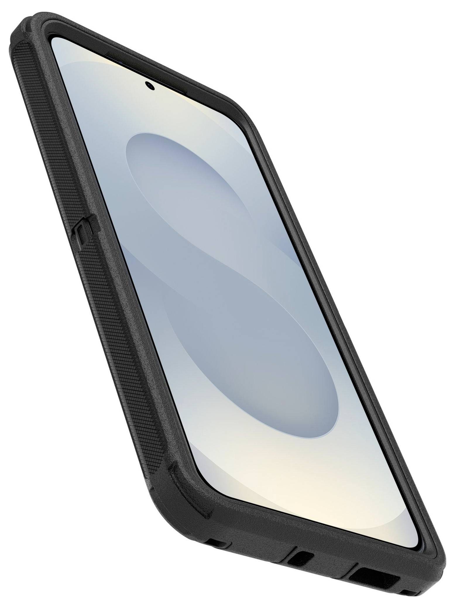 Smartphone med ett hållbart svart fodral, skärm som visar en minimal blå och vit abstrakt design.