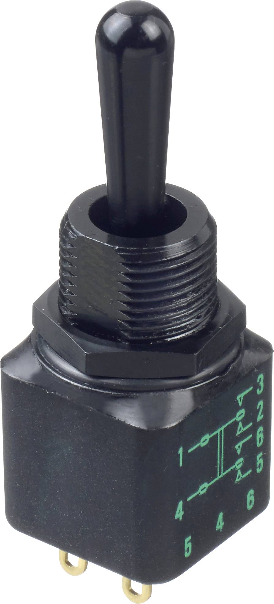 'Vippströmbrytare med svart spak, sex guldmetallkontakter vid basen och kretsschemaymboler på sidan för elektriska anslutningar.'