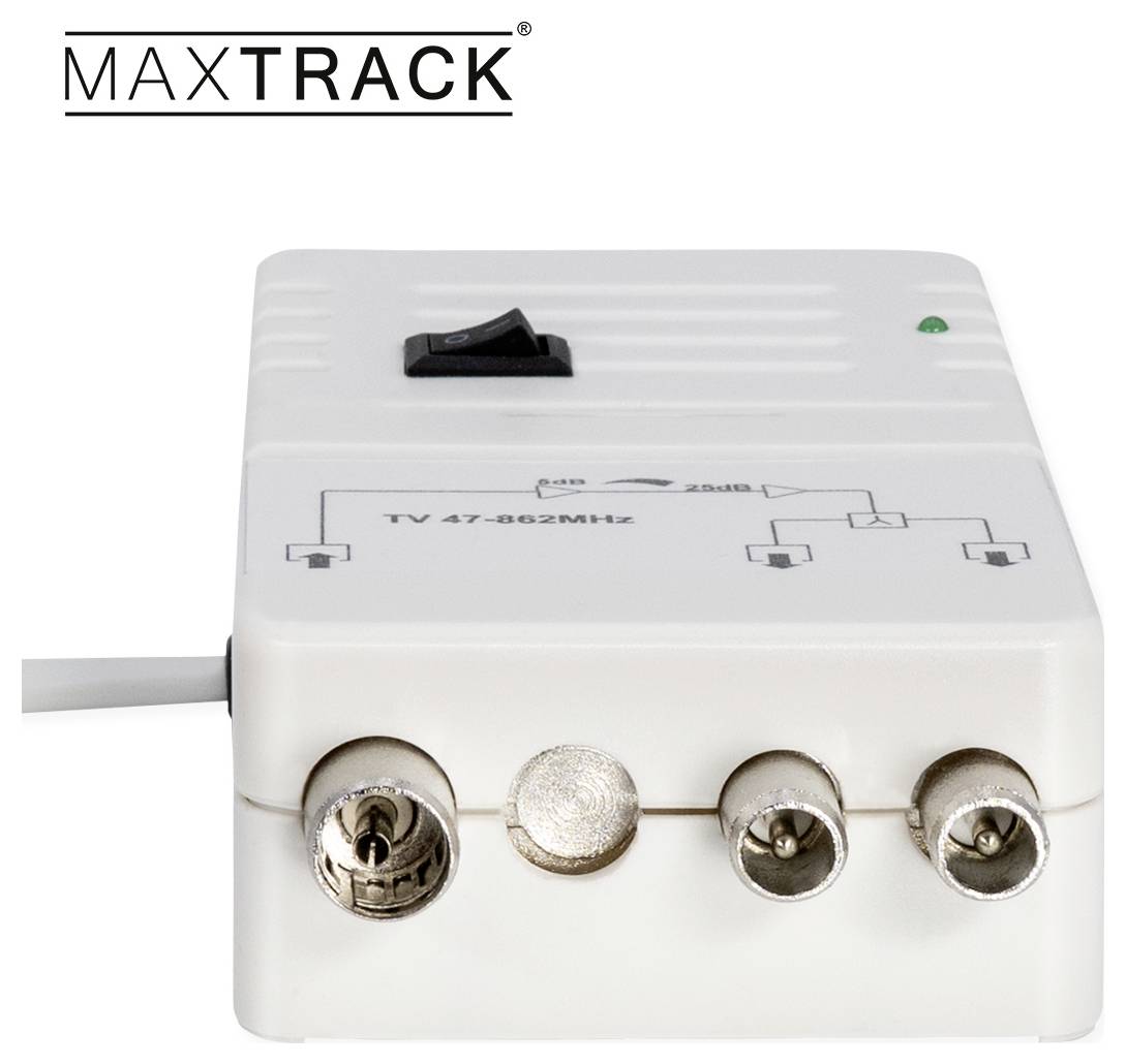 En vit MAXTRACK TV-signalförstärkare med flera anslutningsportar, en ingångsbrytare och märkt "TV 47-862MHz".