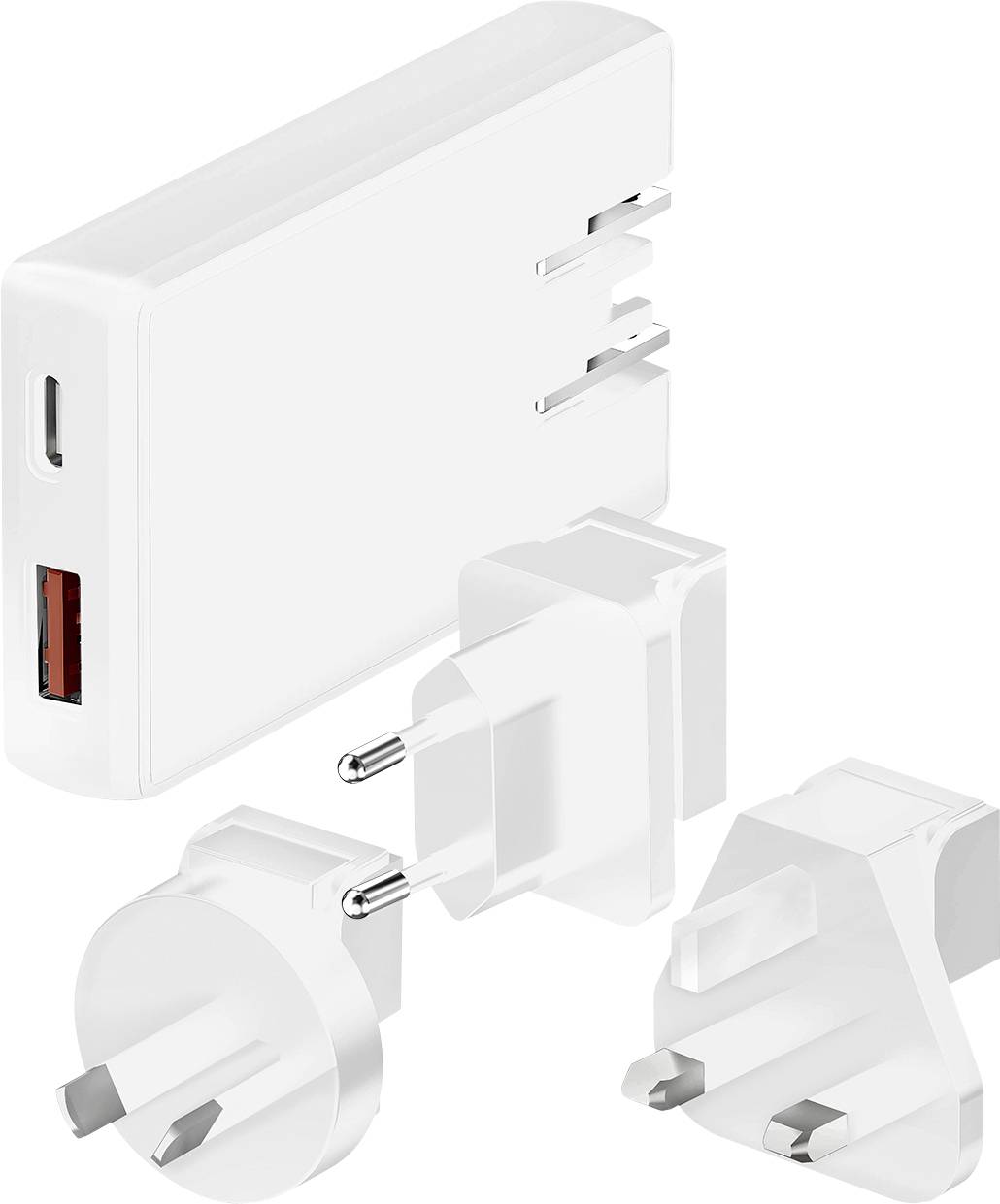 En vit multifacksreseadapter med USB-port och tre utbytbara pluggtyper för olika regioner, som belyser mångsidighet.