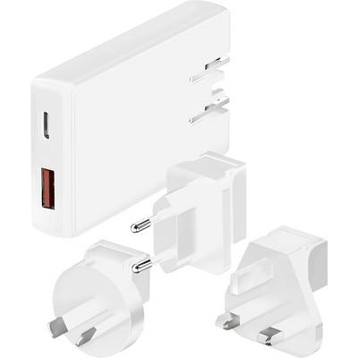 En vit multifacksreseadapter med USB-port och tre utbytbara pluggtyper för olika regioner, som belyser mångsidighet.