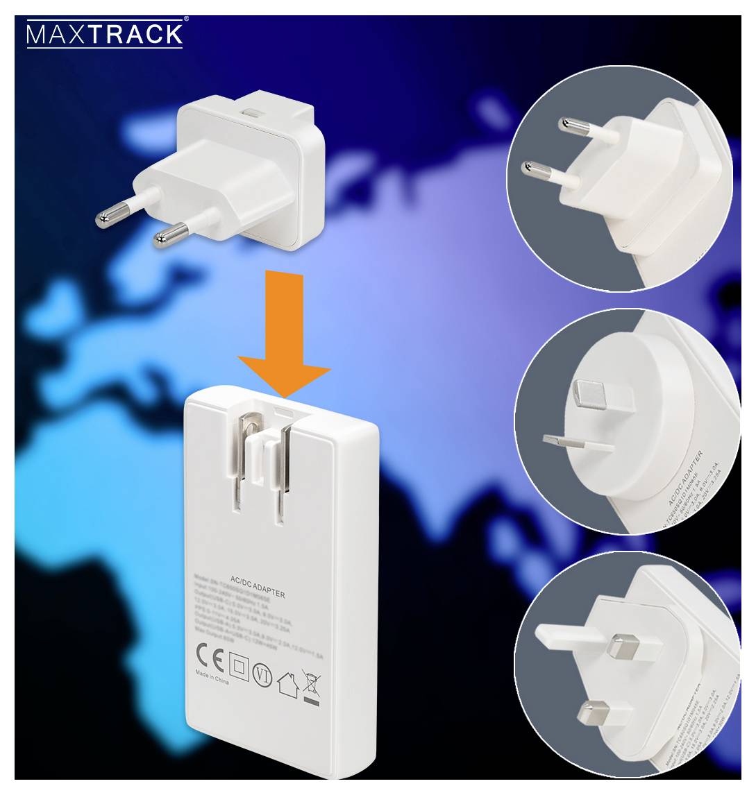 "MAX TRACK" universell reseadapter med olika kontakttyper visade i infällningar, lämplig för flera länder.