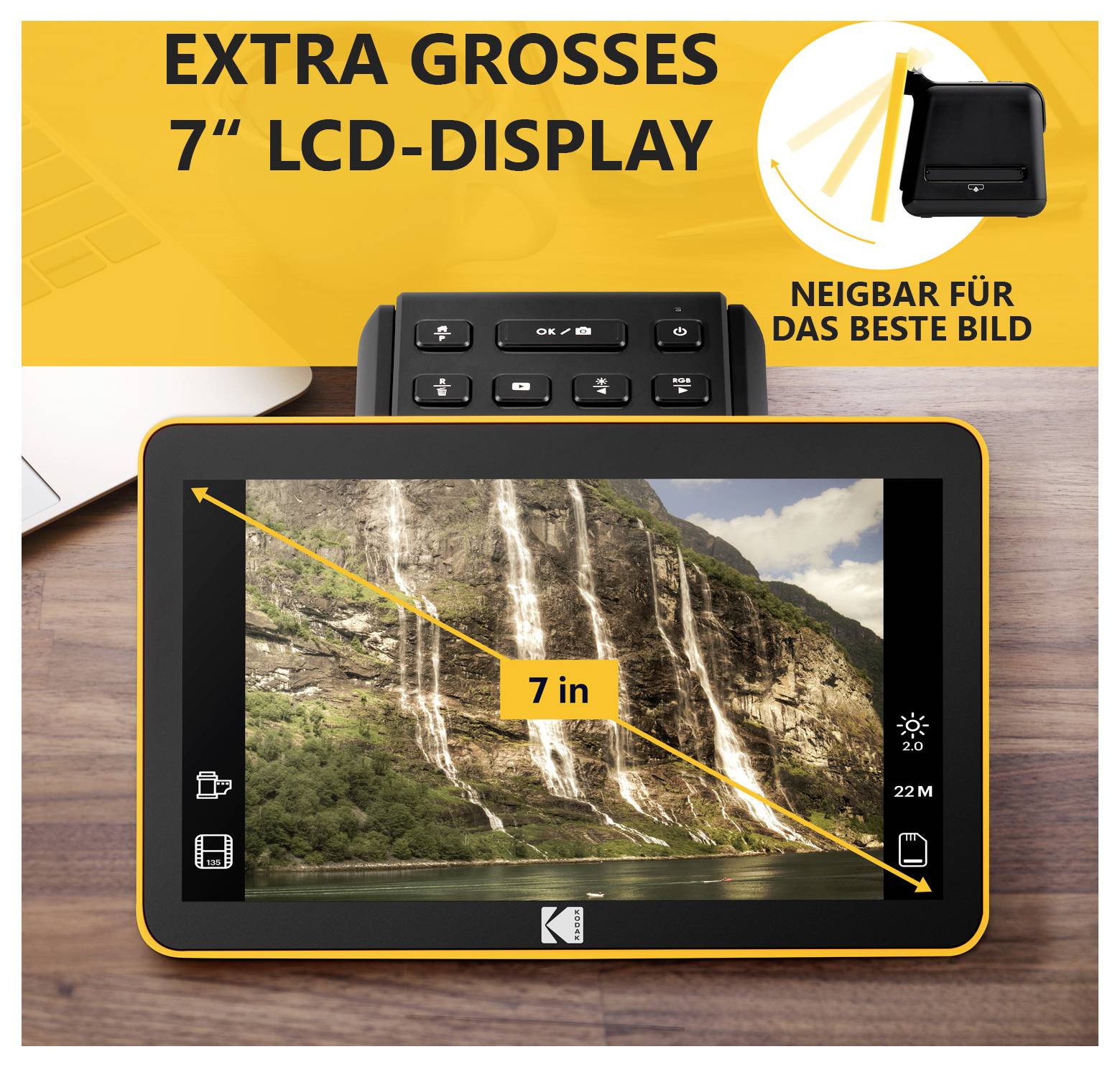 'Extra stort 7" LCD-Display' med bild av ett vattenfall; Text: 'Vridbar för bästa bild'.