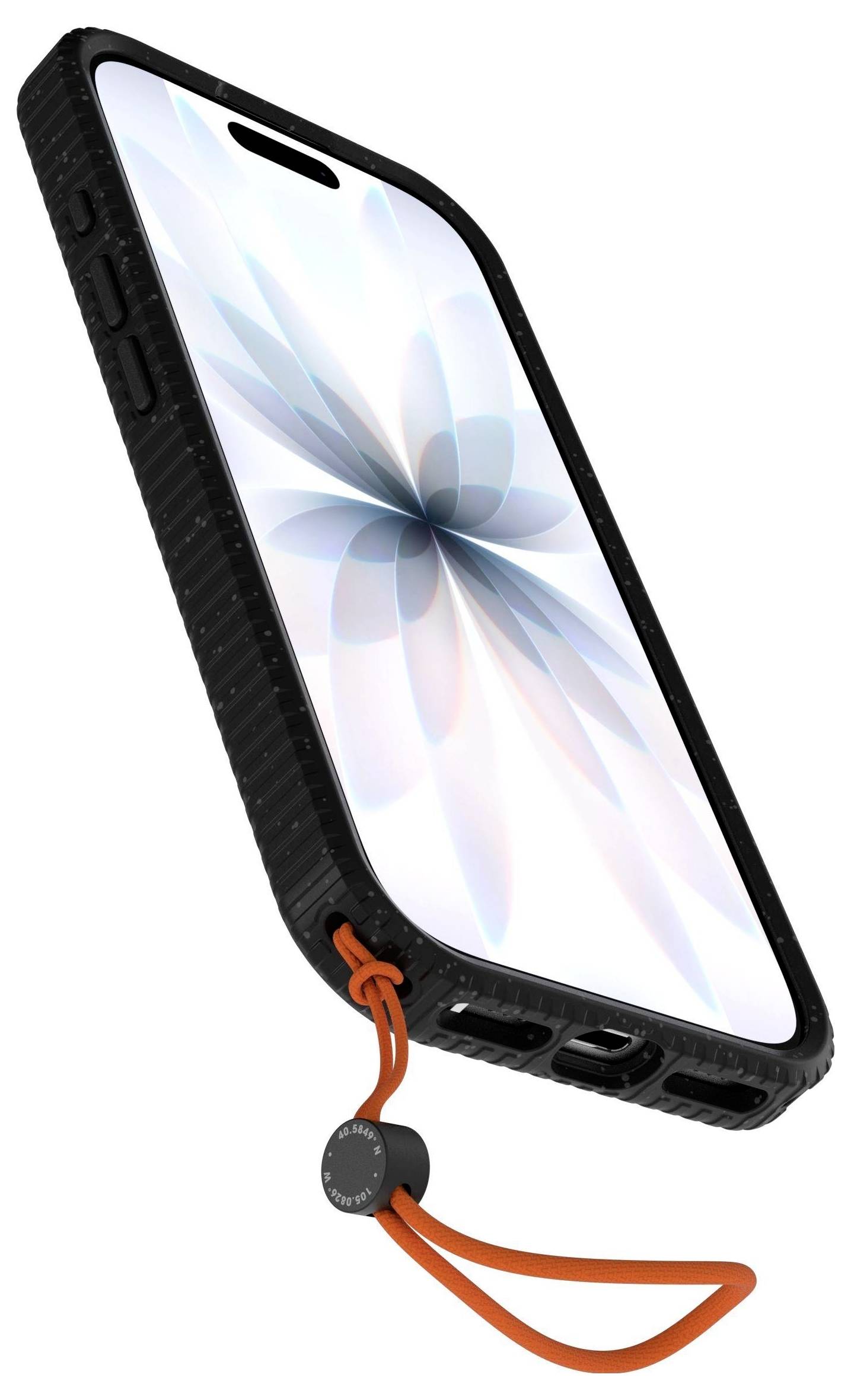 En smartphone med ett skyddande svart fodral och ett oranget band fastsatt, som visar ett geometriskt mönster på skärmen.