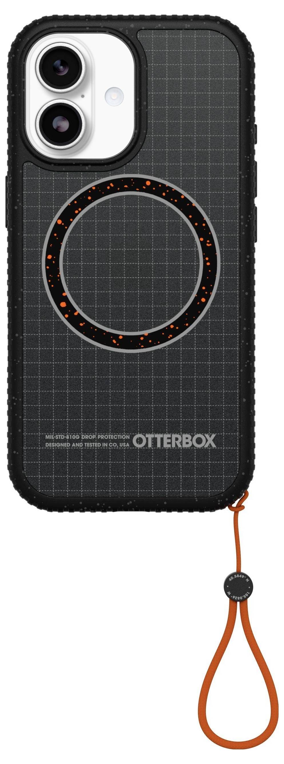 Telefonfodral med cirkulärt mönster på baksidan och ett avtagbart orange handledsband, utformat för en specifik telefonmodell.