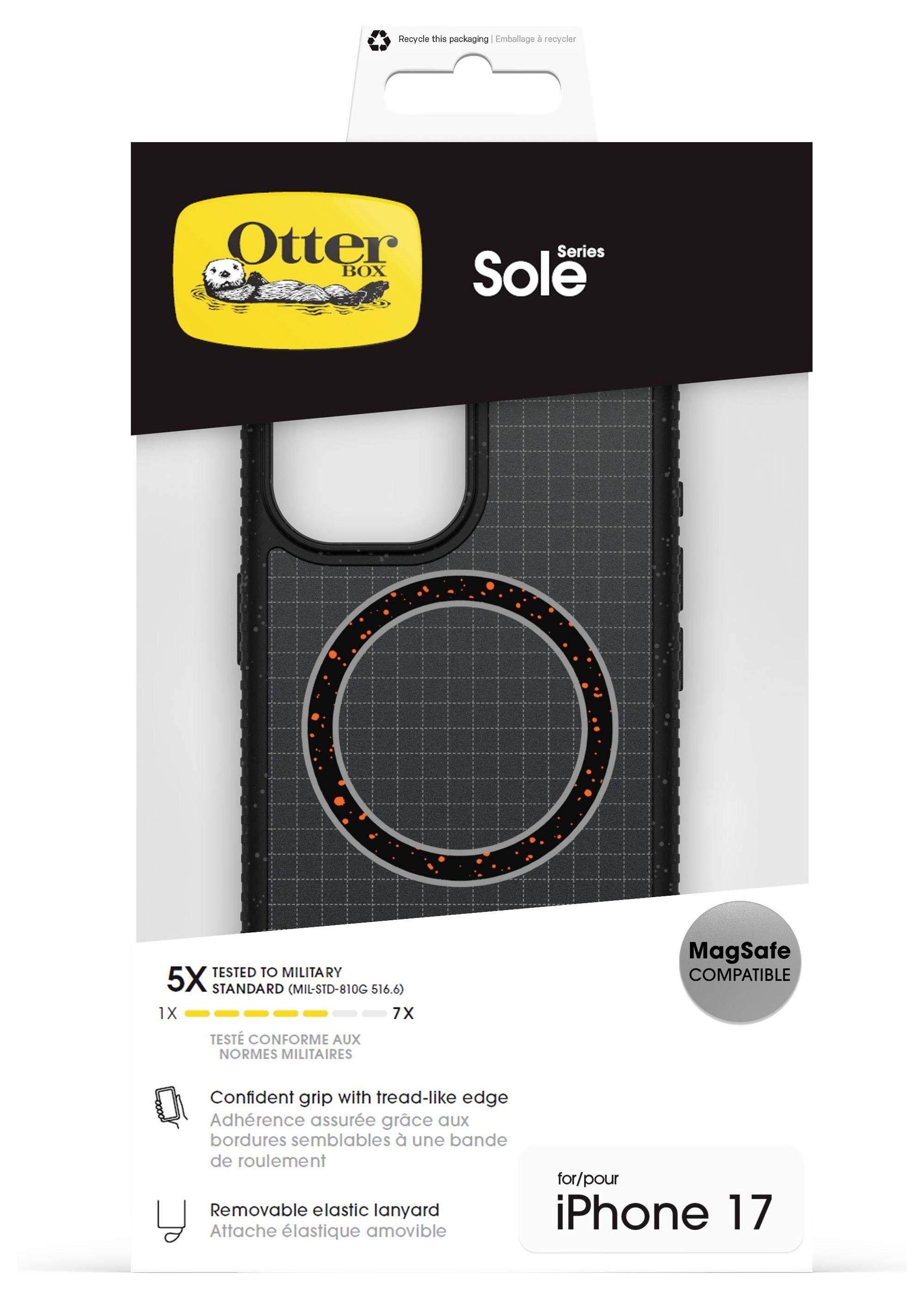 Förpackning av OtterBox Sole Series-fodral för iPhone 17. Funktionerna inkluderar MagSafe-kompatibilitet, fallskydd och avtagbar handrem.