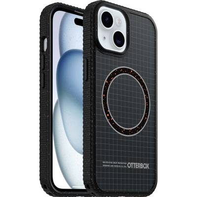 En smartphone med ett svart, slitstarkt Otterbox-skydd med ett rutmönster och en cirkulär magnetdesign på baksidan, visad från en vinkel.