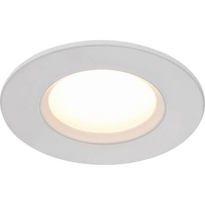 En vit inbyggd taklampa med ett glödande centrum, placerad mot en enkel bakgrund.