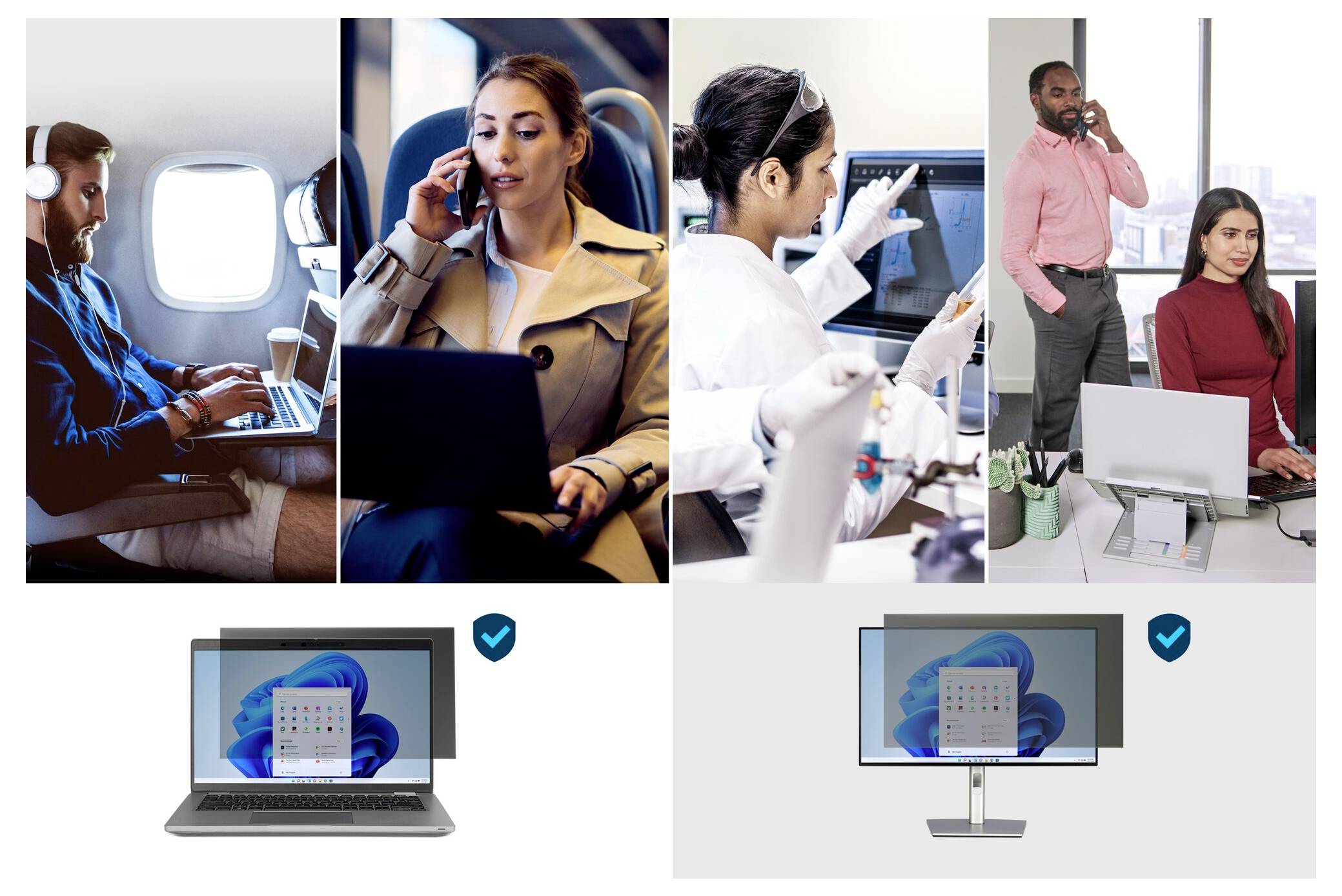 Bilden visar människor i olika miljöer som använder teknik: på ett flygplan, i ett labb, på ett kontor. Nedan visar två skärmar ett liknande gränssnitt.