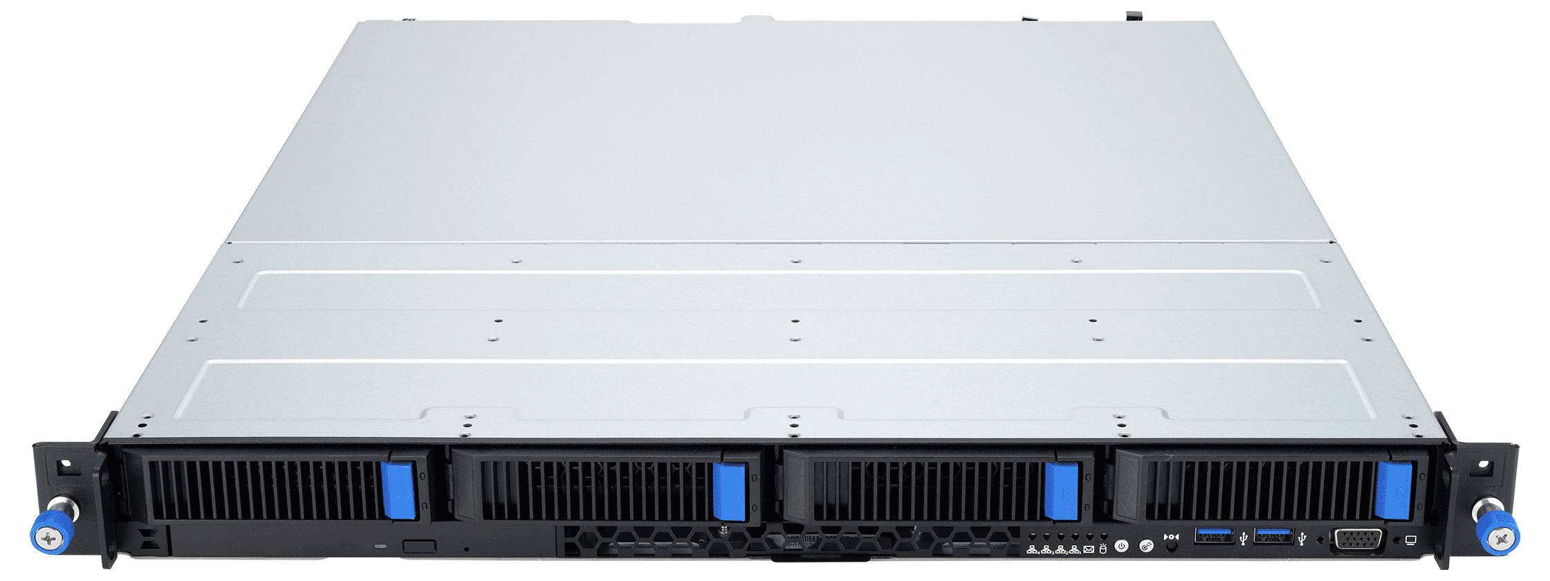 En serverracksenhet med metallhölje, utrustad med flera ventilationssprickor på framsidan och blå handtag, utformad för effektiv kylning och tillgänglighet.