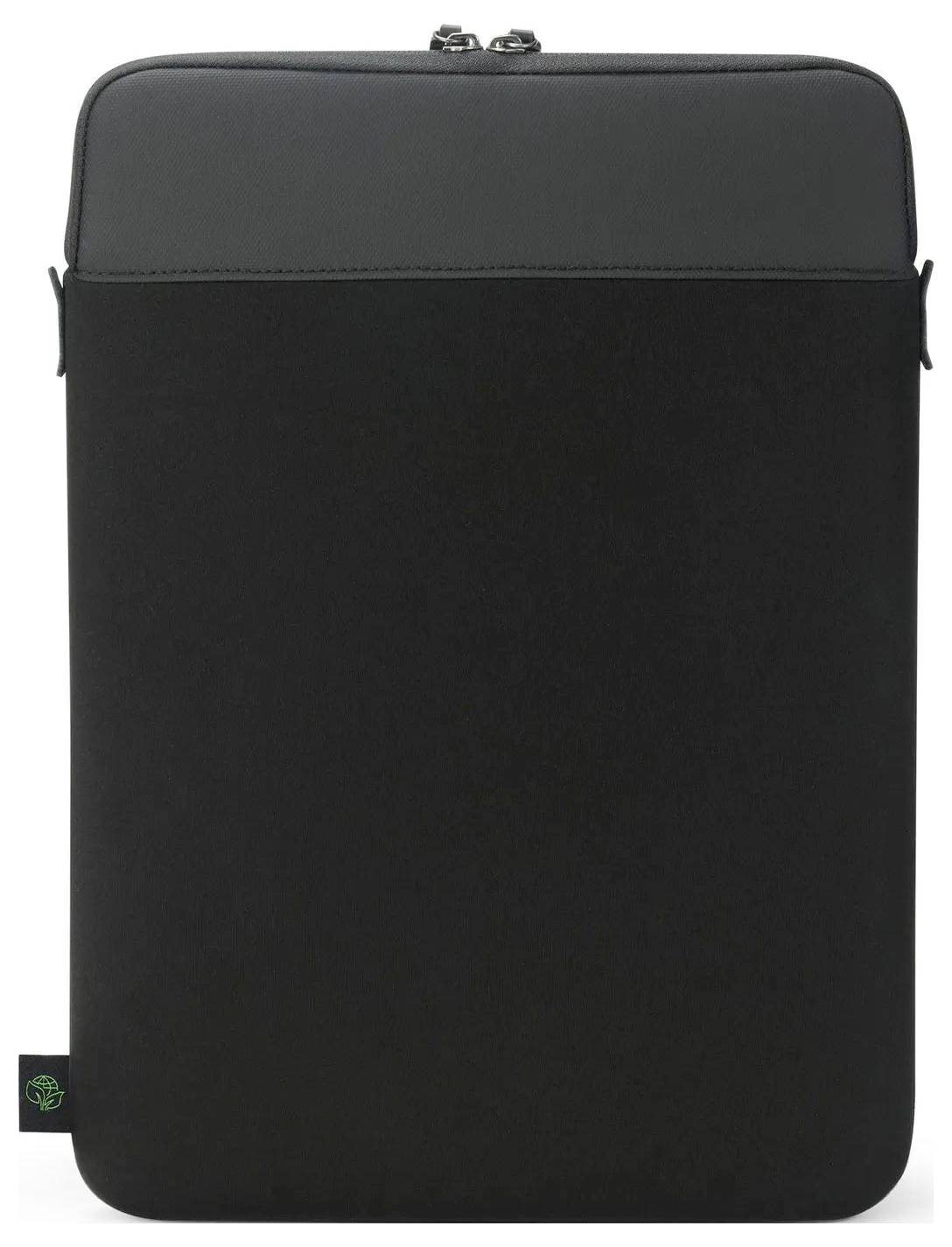 En svart laptopväska med dragkedja, med en diskret grön etikett med en liten bladdesign i det nedre vänstra hörnet.