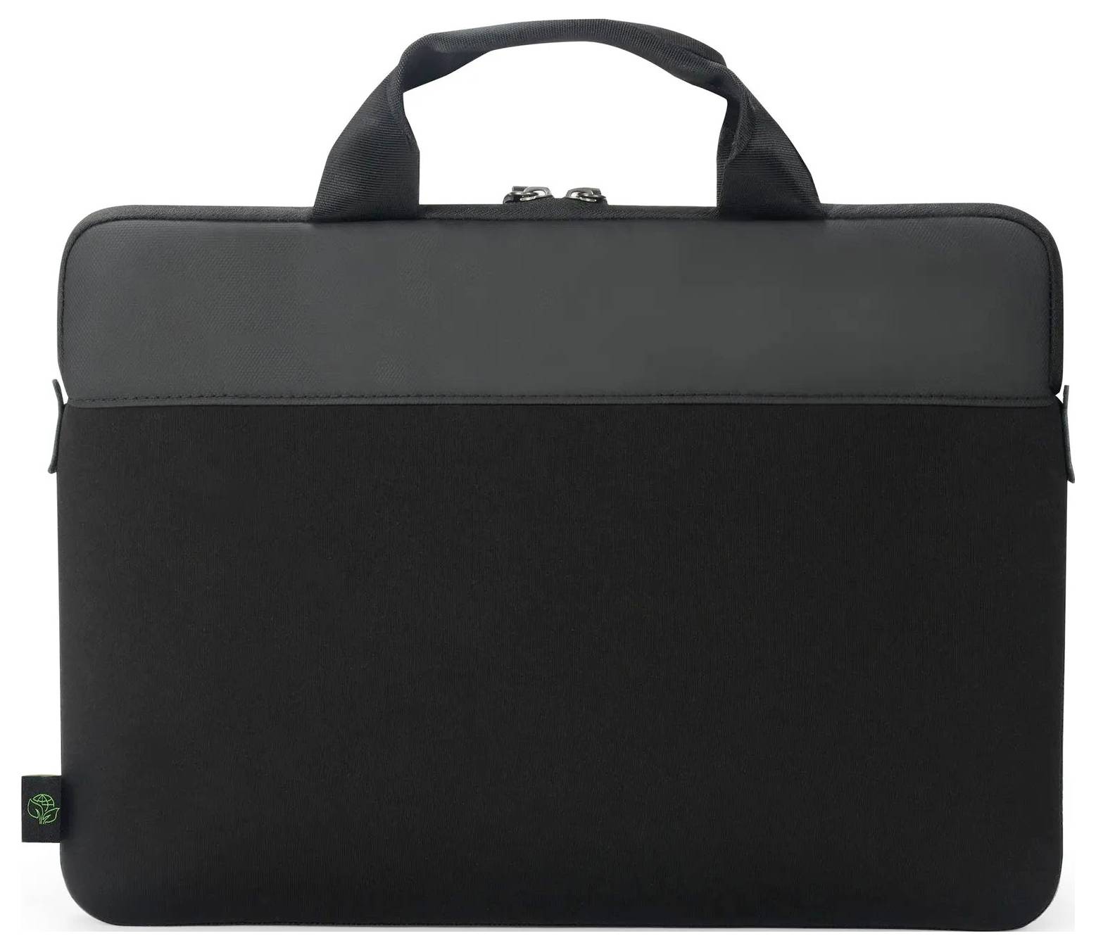 En svart laptopfodral med handtag, med elegant design och subtil logotyp på sidan.
