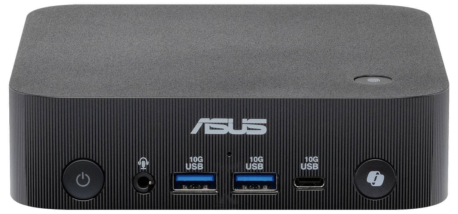 Frontvy av en kompakt ASUS mini-PC med strömknapp, headsetuttag, två 10G USB-A-portar, en 10G USB-C-port och låsknapp.