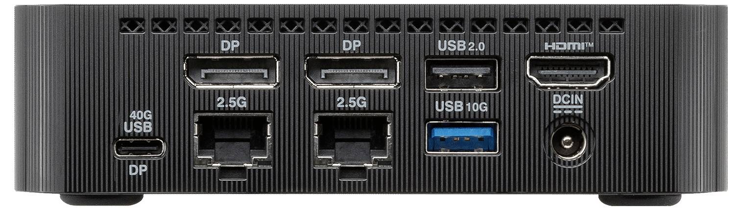 Frontpanel på en mini-PC med flera portar: 40G USB-DP, två 2,5G Ethernet, USB 2.0, USB 10G, HDMI och DC-ingång.