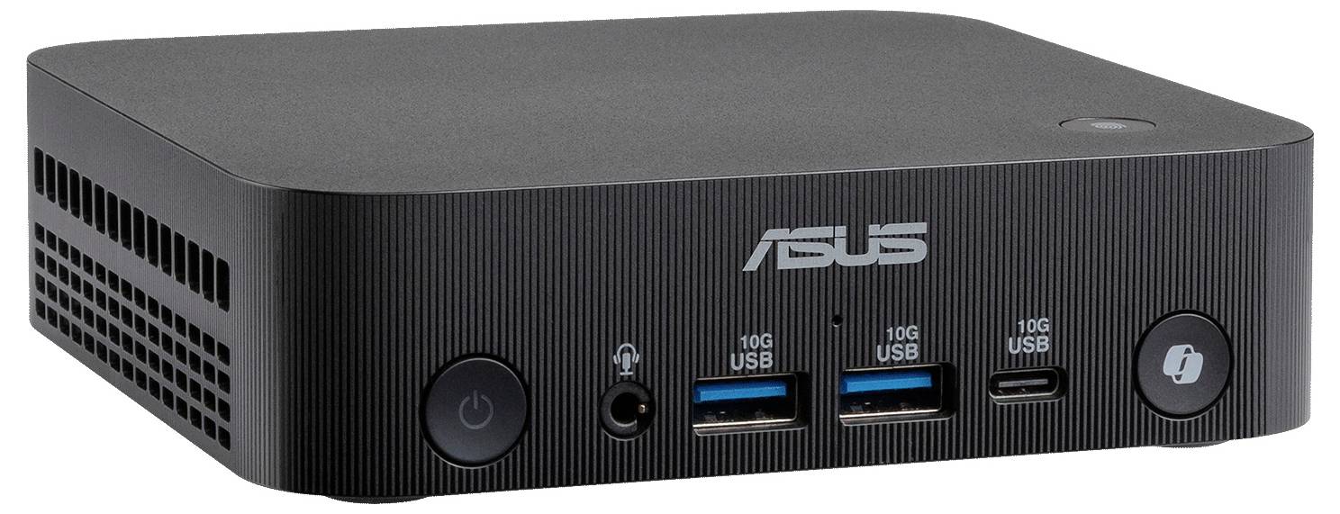 Kompakt svart ASUS mini-PC med strömknapp, audiokontakt, tre USB-portar och Kensington-lås på framsidan.