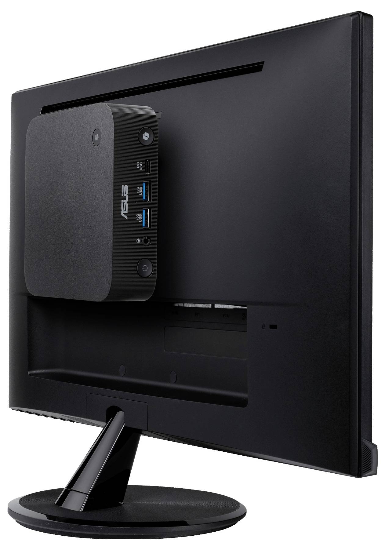 Baksida av en flat-screen-skärm med en ASUS mini PC monterad på baksidan, som visar portar och ett stativ på vit bakgrund.