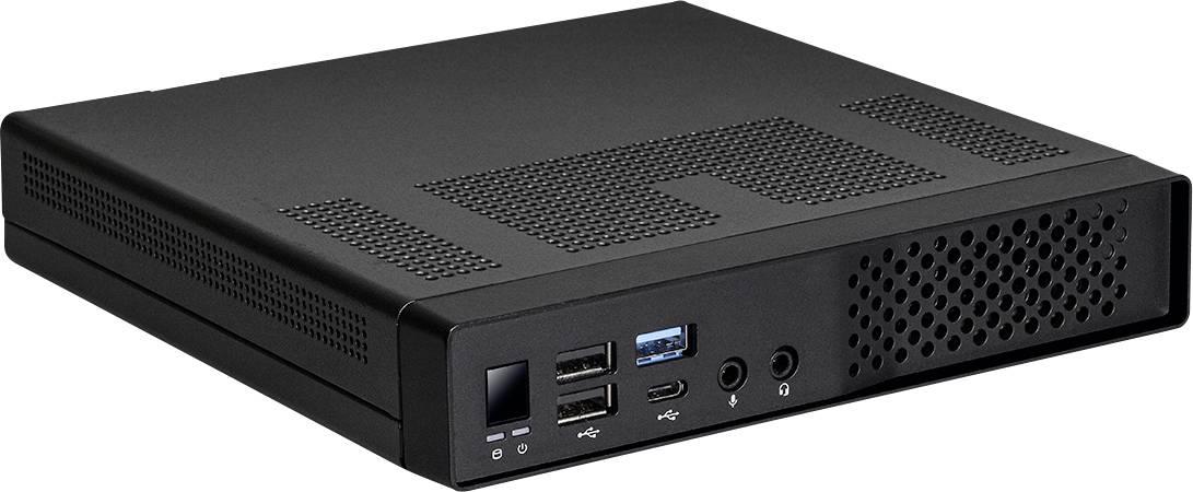 Svart rektangulär mini-datorlåda med frontportar, inklusive USB, audiokontakter och strömknapp.