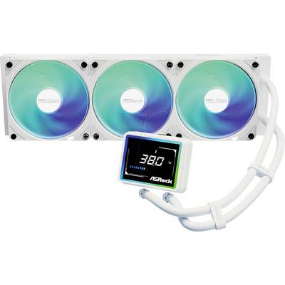 ASRock-märkt kylsystem med tre stora fläktar och digital display som visar "38°C", ansluten med vita rör.