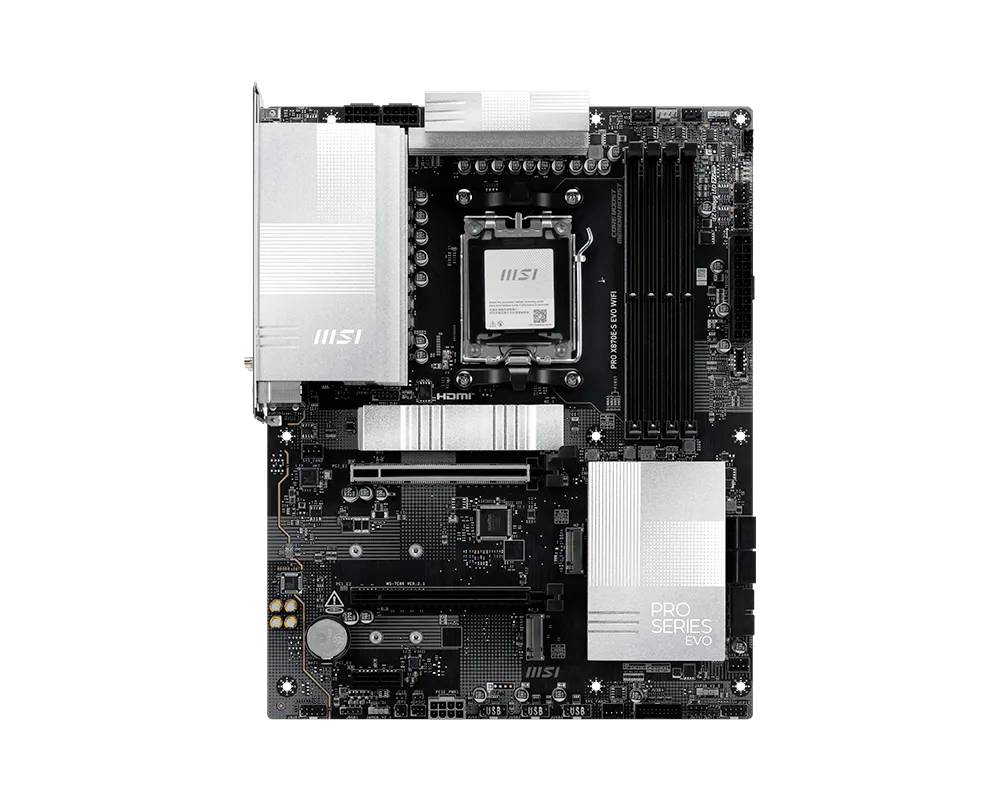 MSI PRO-seriens modererkort med CPU-socket, RAM-platser, PCIe-slot och silverfärgade värmeledare på ett svart kort.