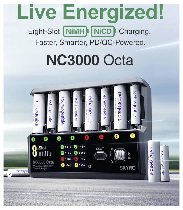 Reklambilder av SKYRC NC3000 Octa 8-slots batteriladdare, märkt för NiMH- och NiCD-laddning med PD/QC-strömförsörjning och flera uppladdningsbara batterier visade.