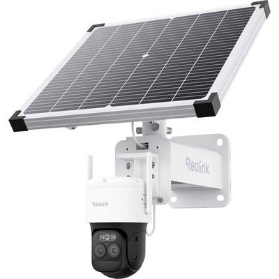 Solcellsdriven säkerhetskamera med monteringsfäste och solpanel. Kamerasystemet är märkt "Reolink".