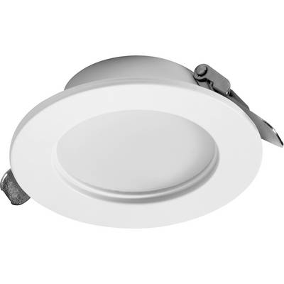 En rond, vit LED-spotlight med metallkläm, utformad för installering i tak.