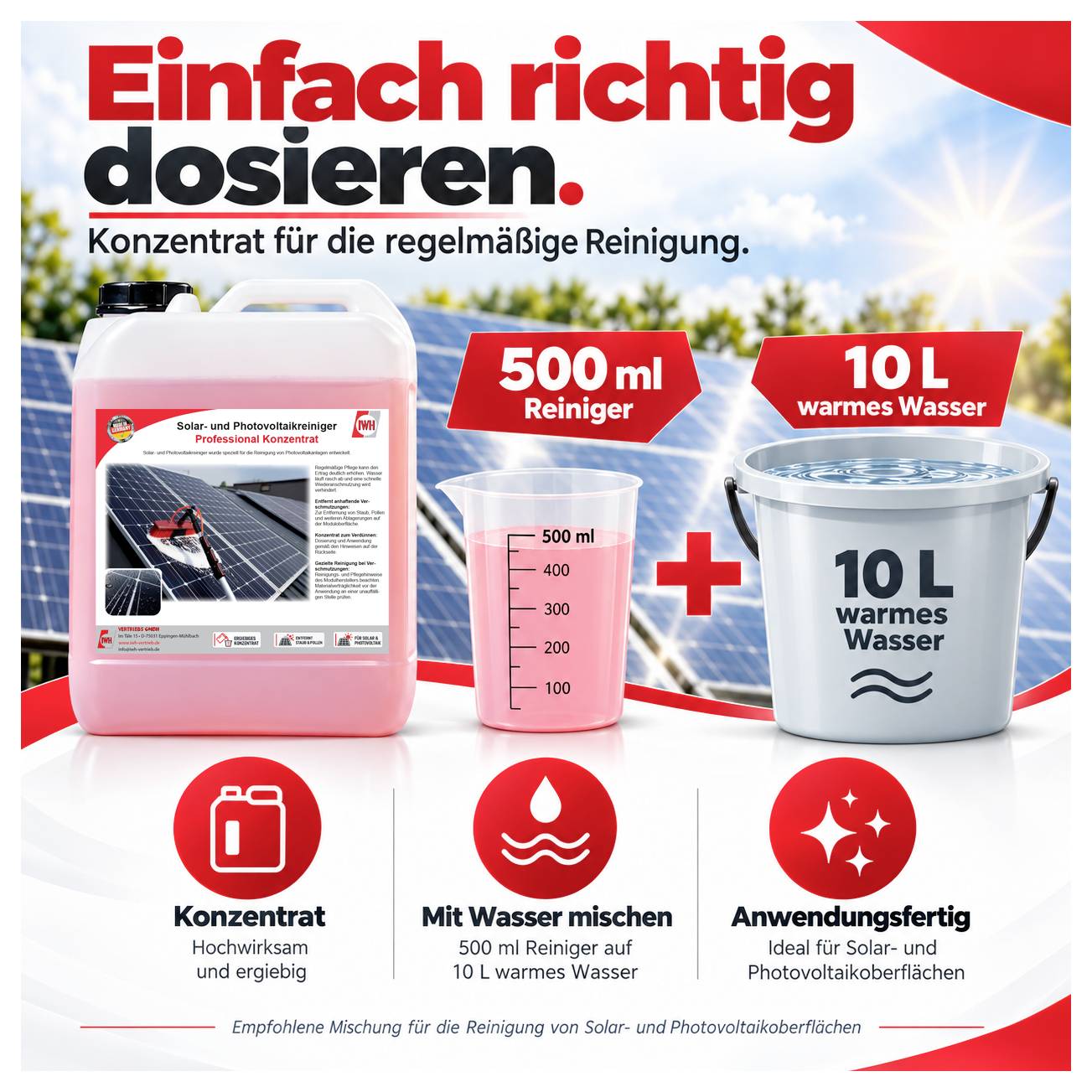 Reklamposter för sol- och fotovoltaikrengörare: Blanda 500 ml koncentriat med 10 l varmt vatten, vilket ger användarklar rengöringslösning.