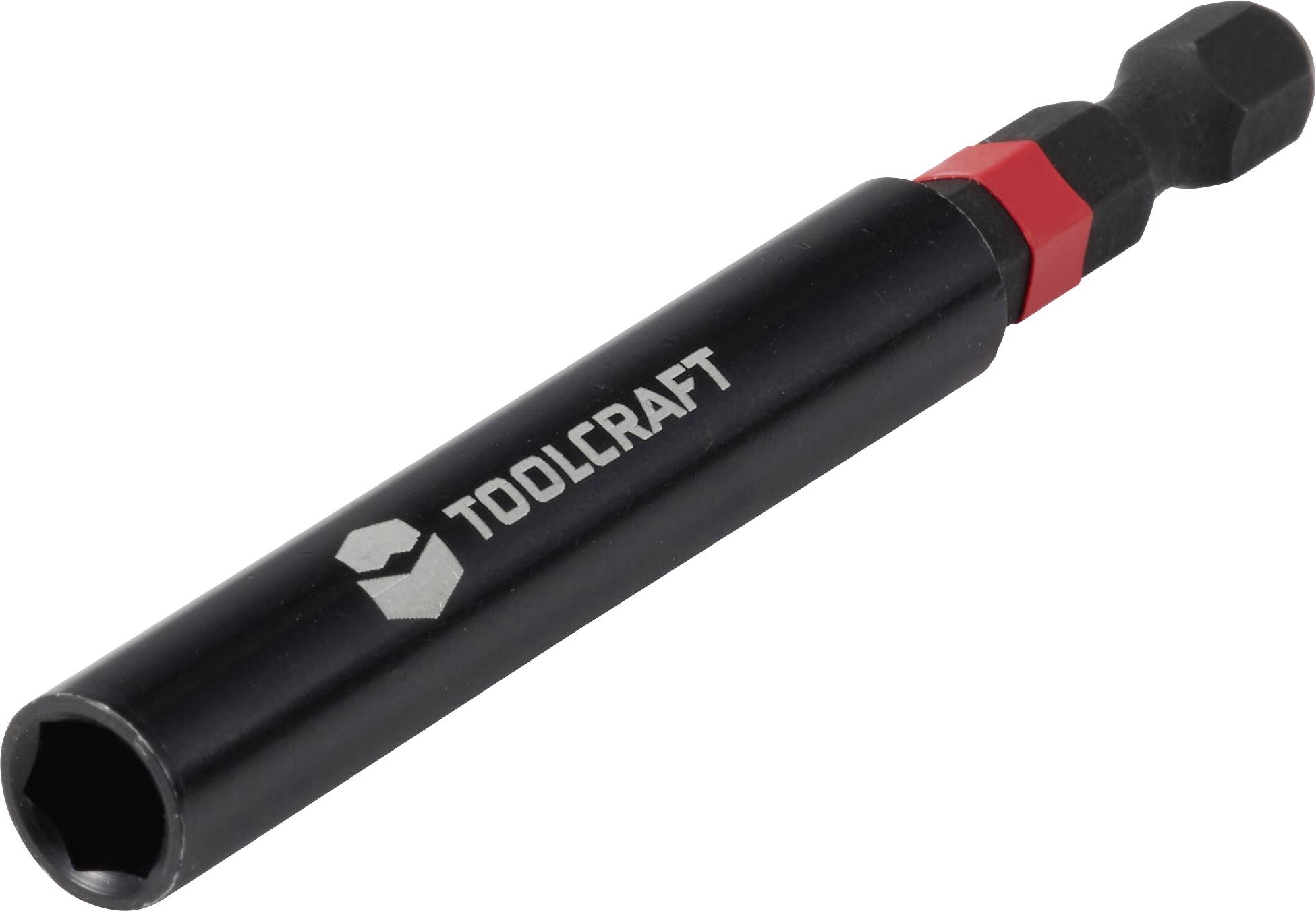 Svart Toolcraft sexkantbits-fattning med röd krage och sexkantig skaft på vit bakgrund.