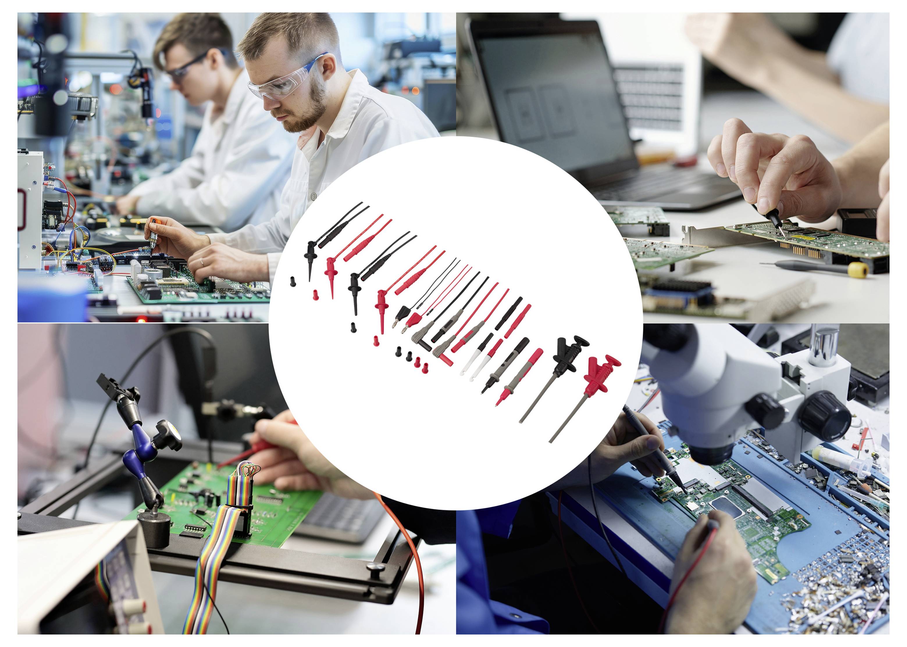Kollage av tekniker som reparerar kretskort i ett laboratorium, med en central cirkel som visar olika skruvdragare och precisionverktyg.