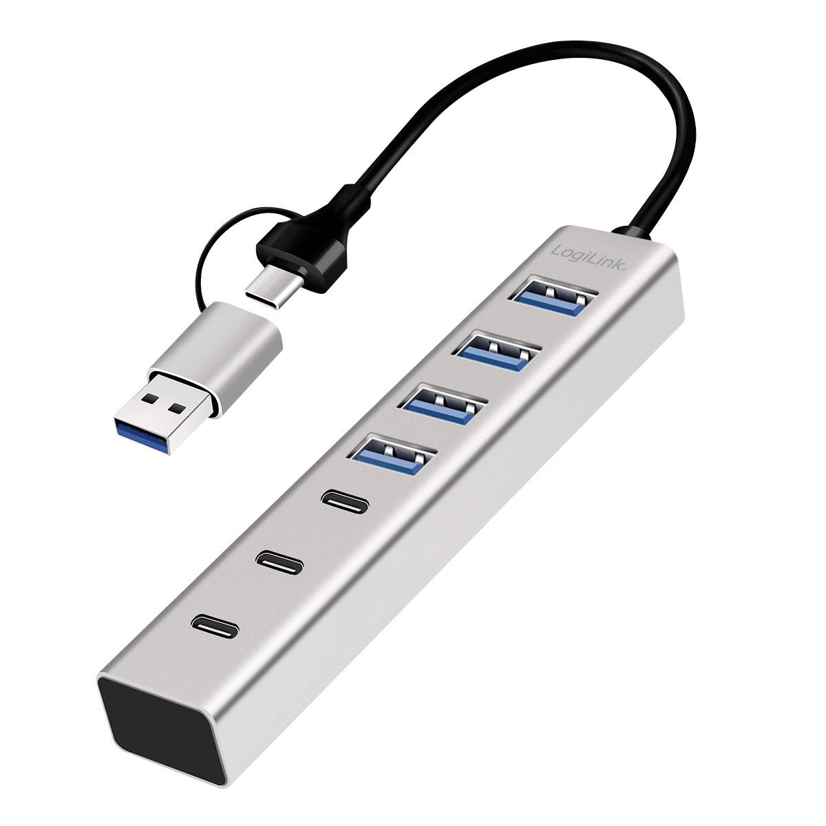 LogiLink 10-ports USB-hubb med "USB 3.2 Gen 1"-etikett, visar åtta USB-A-strömknappar och två blå USB-A-portar.