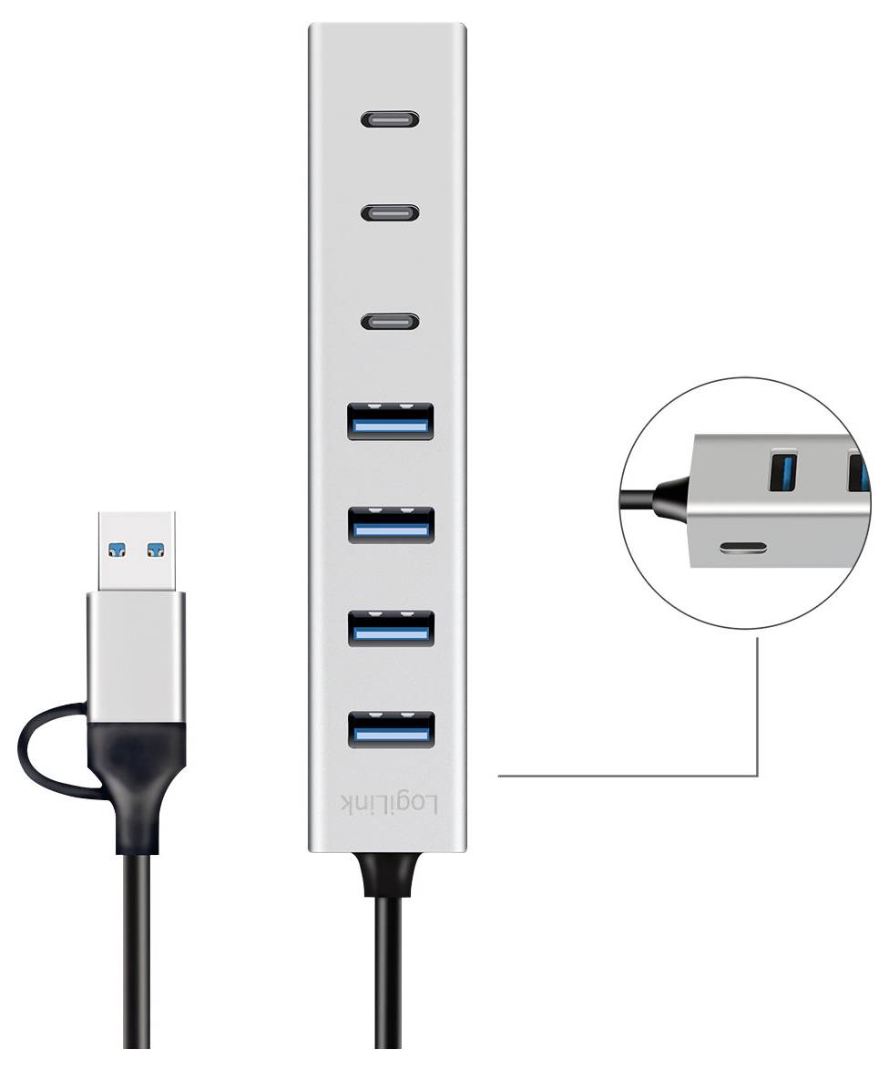 USB-C-hubb med flera portar, inklusive fyra USB-A och tre USB-C/andra portar, visad med kabel och närbildsinfattning av kontakter.