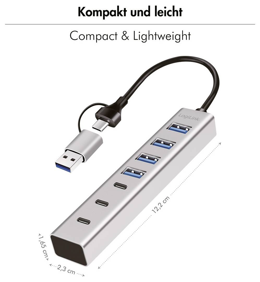 Kompakt USB-hubb med fyra USB-A-portar och en USB-C-anslutning, visad som liten och lätt med 12,2 cm längd, 2,3 cm bredd och 1,65 cm höjd.